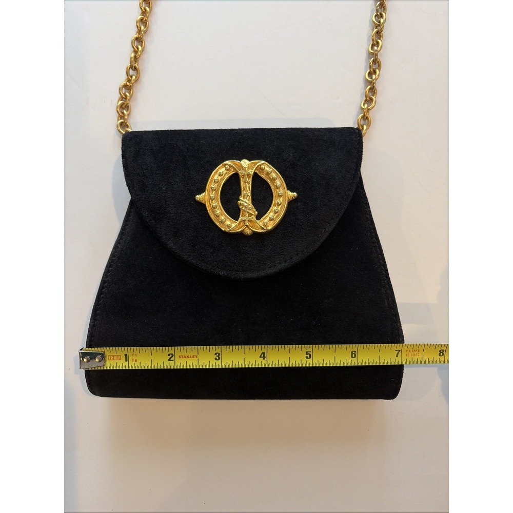 Casual Corner Black Suede Handbag Gold Medallion & Chain Essentials Elegant Bag - Picture 10 of 15